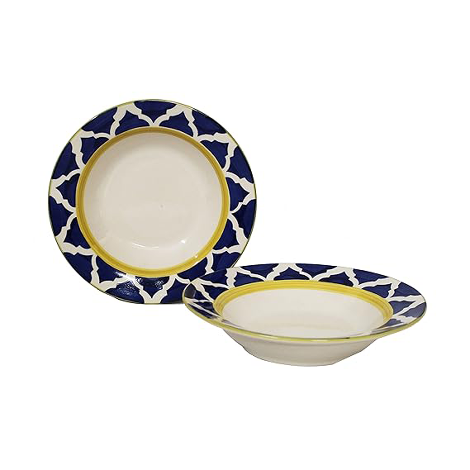 Ambert Ceramic Stoneware Hand-Painted Serving Deep Pasta Plate, Soup Plate, Maggi Plate, Snack Plate 9 Inches with Blue Umarov Pattern Microwave Safe, Oven Safe Set of 2